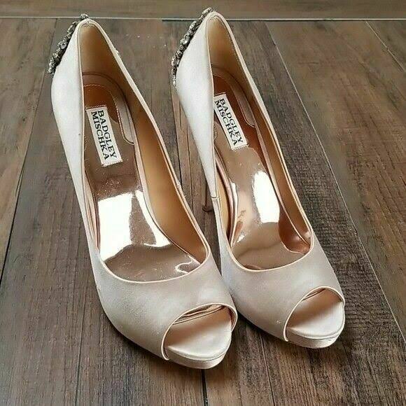 Latte Satin Embellished Peep-Toe Evening Pumps U8103