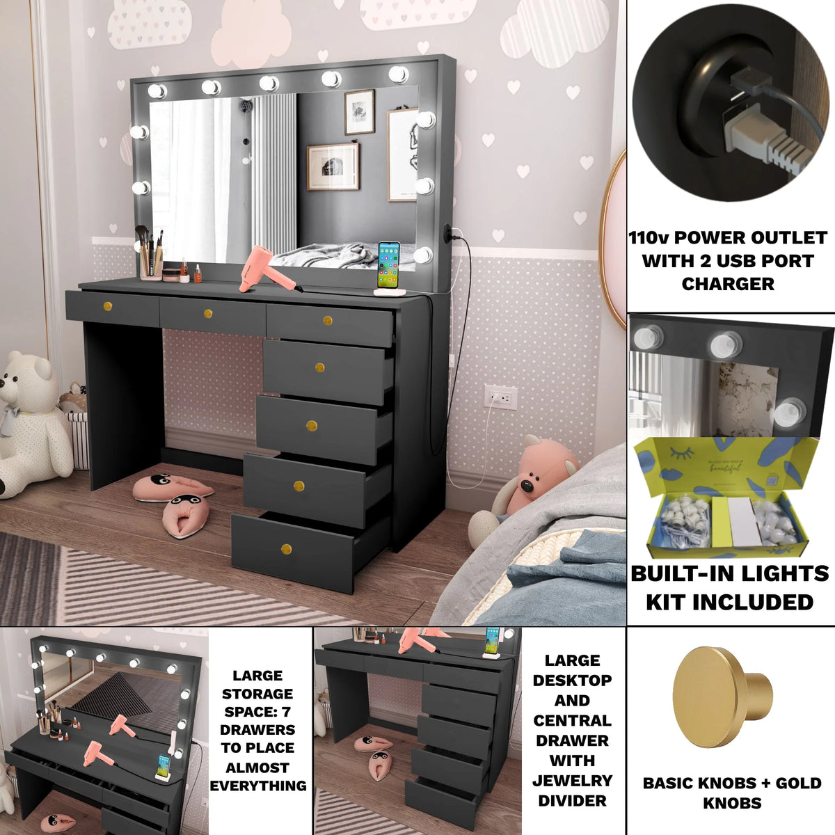 Black Painted Makeup Vanity Table with Light Bulbs H757