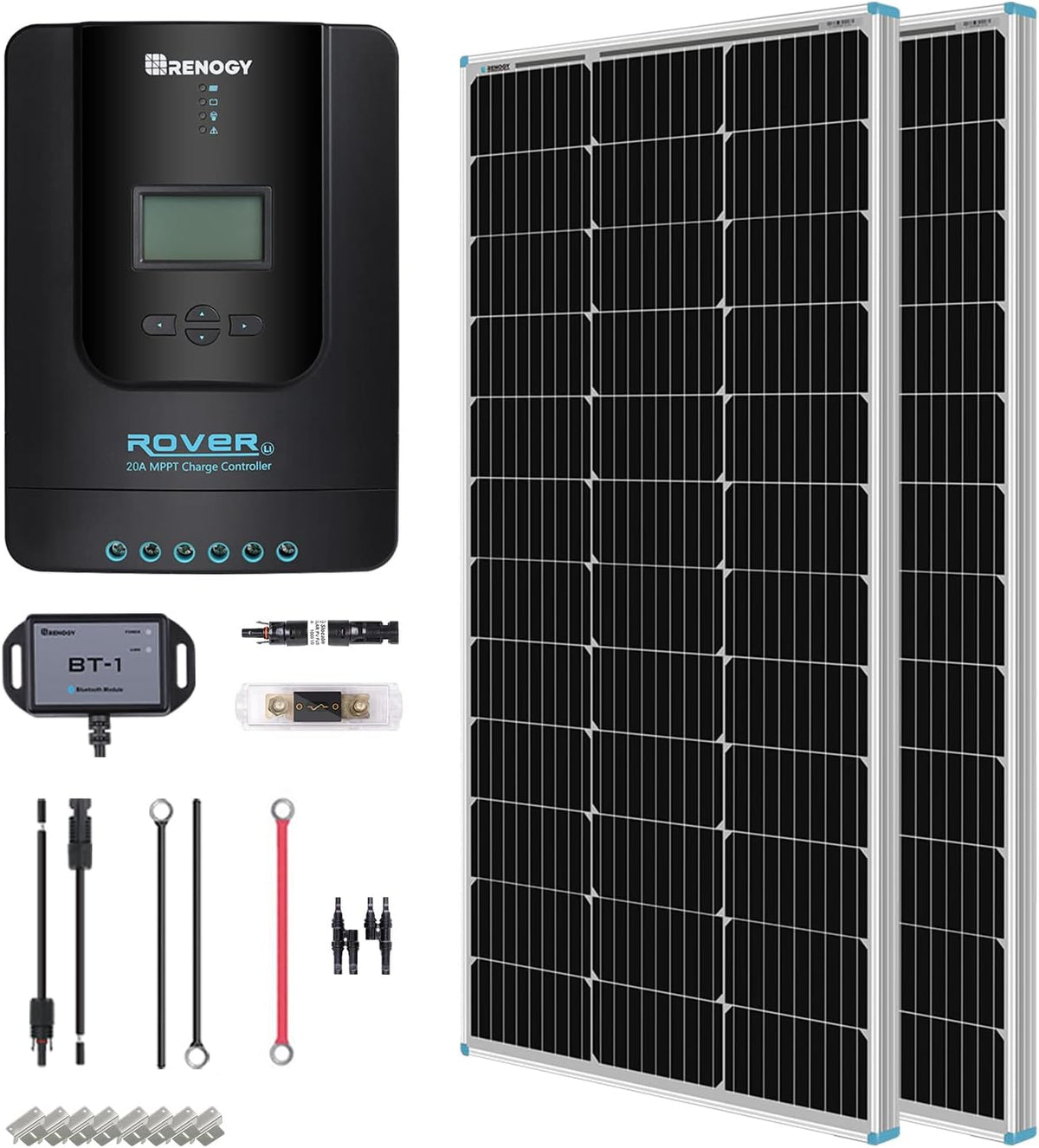 200 Watt 12 Volt Monocrystalline Panel 20A MPPT Charge Controller Bluetooth Mounting Z Brackets Adaptor Kit Tray Cables Set C76650