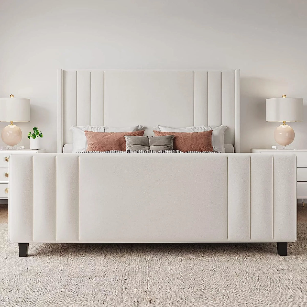 Queen Platform Bed Frame with Vertical Channel, Cream E34464