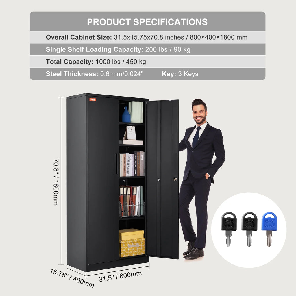 Metal Storage Cabinet 71" Steel Adjustable Shelves Black O323