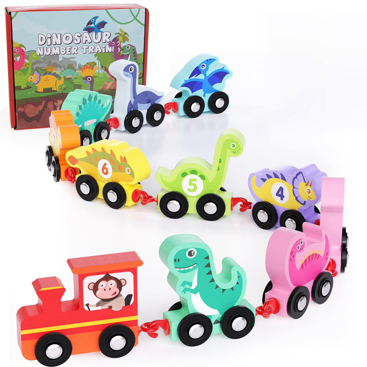 Wooden Dinosaur Train Car with Numbers, 11 Pieces Educational Montessori Toys Z420