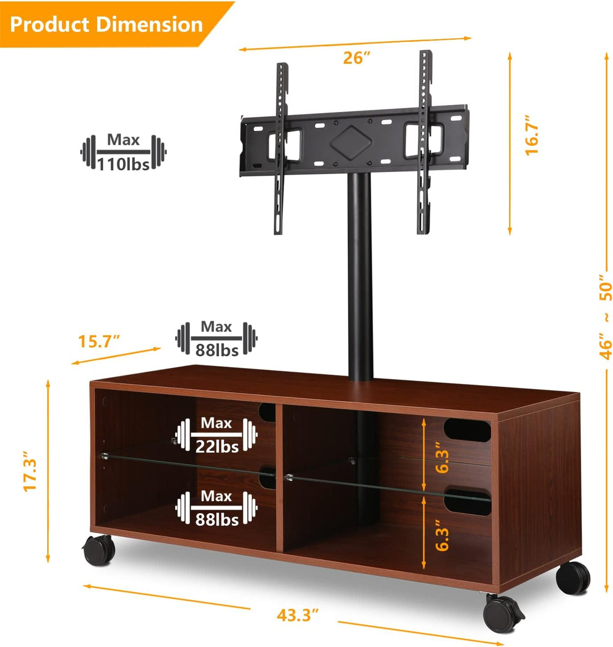 Rolling Wood TV Stand with Swivel Mount and Wheels T30864