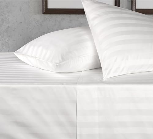 100% Egyptian Cotton King Size 4 Piece Bed Sheet Set White Stripe G402