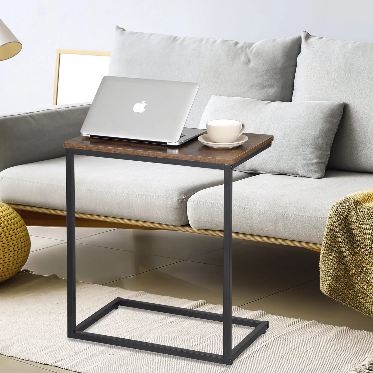 C-Shaped Sofa Bed Side Table with Metal Frame Rustic Brown S89083