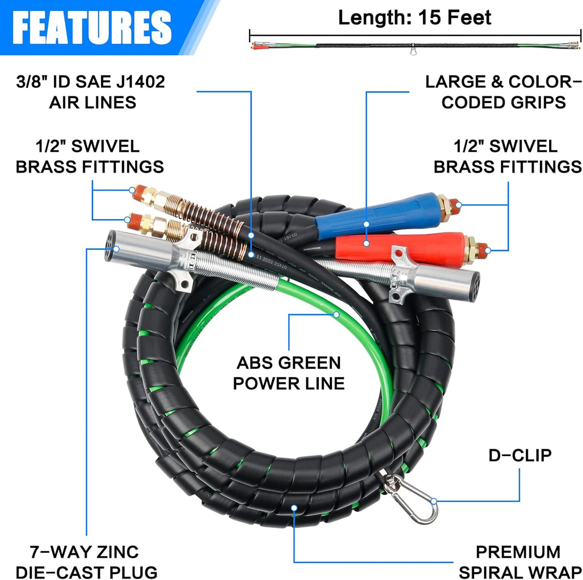 15 FT ABS Air Hose Power Cord Airlines with Glad Hands Q363450