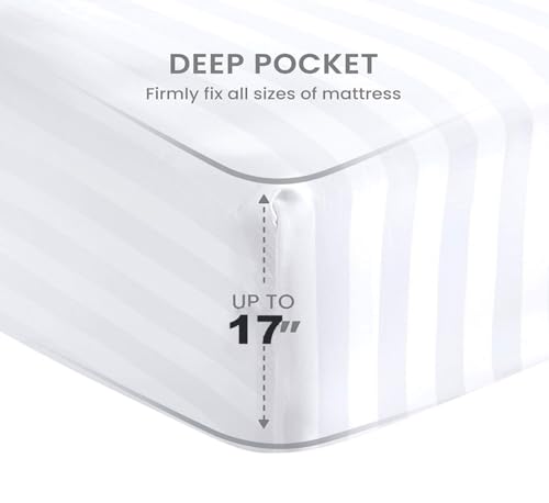 100% Egyptian Cotton King Size 4 Piece Bed Sheet Set White Stripe G402