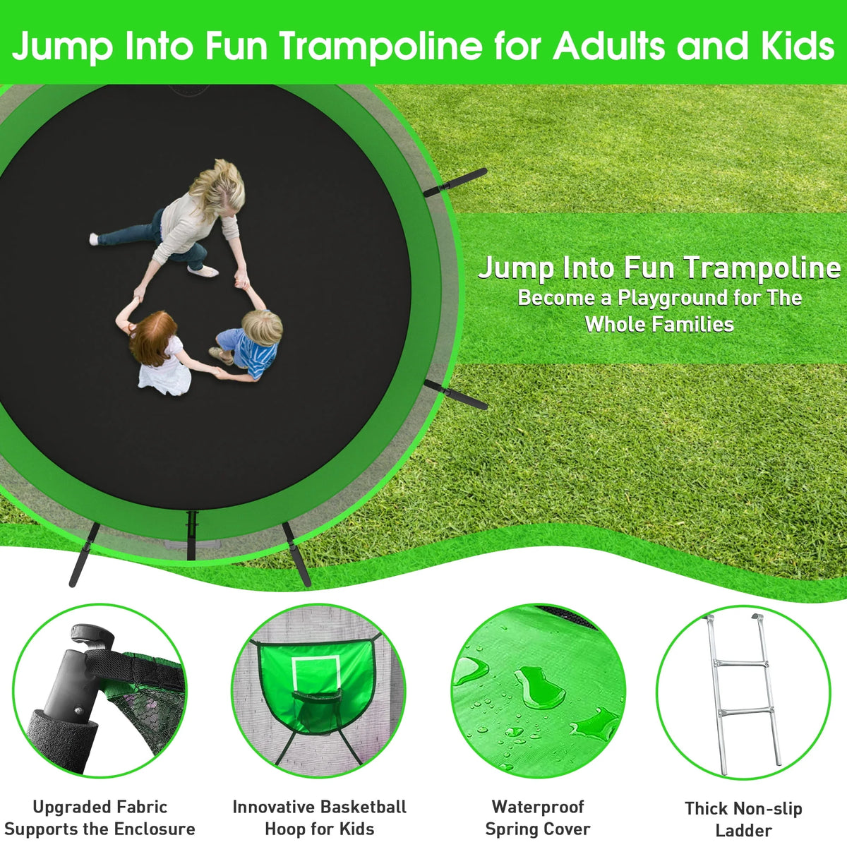 12FT 14FT Trampoline with Enclosure, Basketball Hoop, LED Light and Sprinkler L690