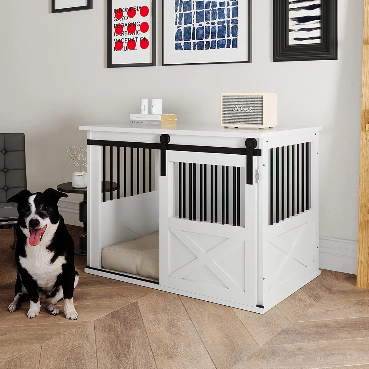 White Wooden Dog Crate Furniture with Sliding Door N46599