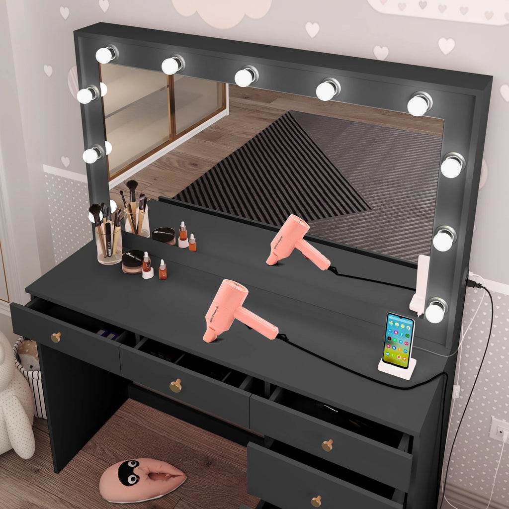 Black Painted Makeup Vanity Table with Light Bulbs H757