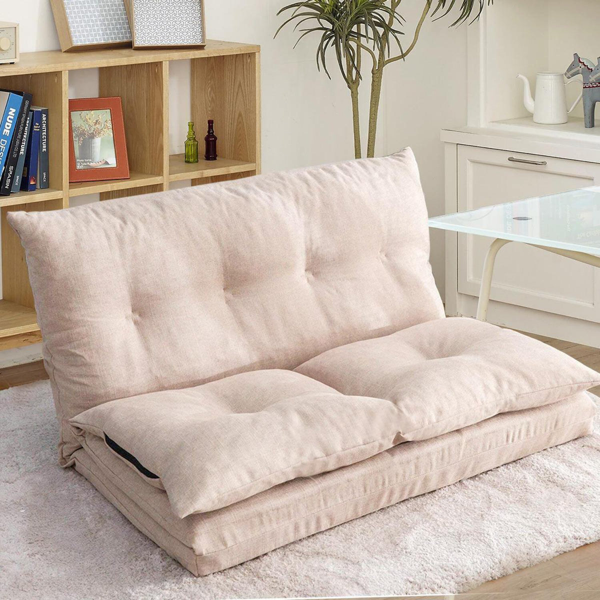 Beige Fabric Folding Chaise Lounge Sofa Floor Couch C448165