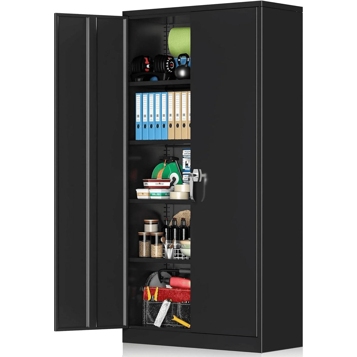 72 inch Black Metal Garage Storage Cabinet with Locking Doors R9620