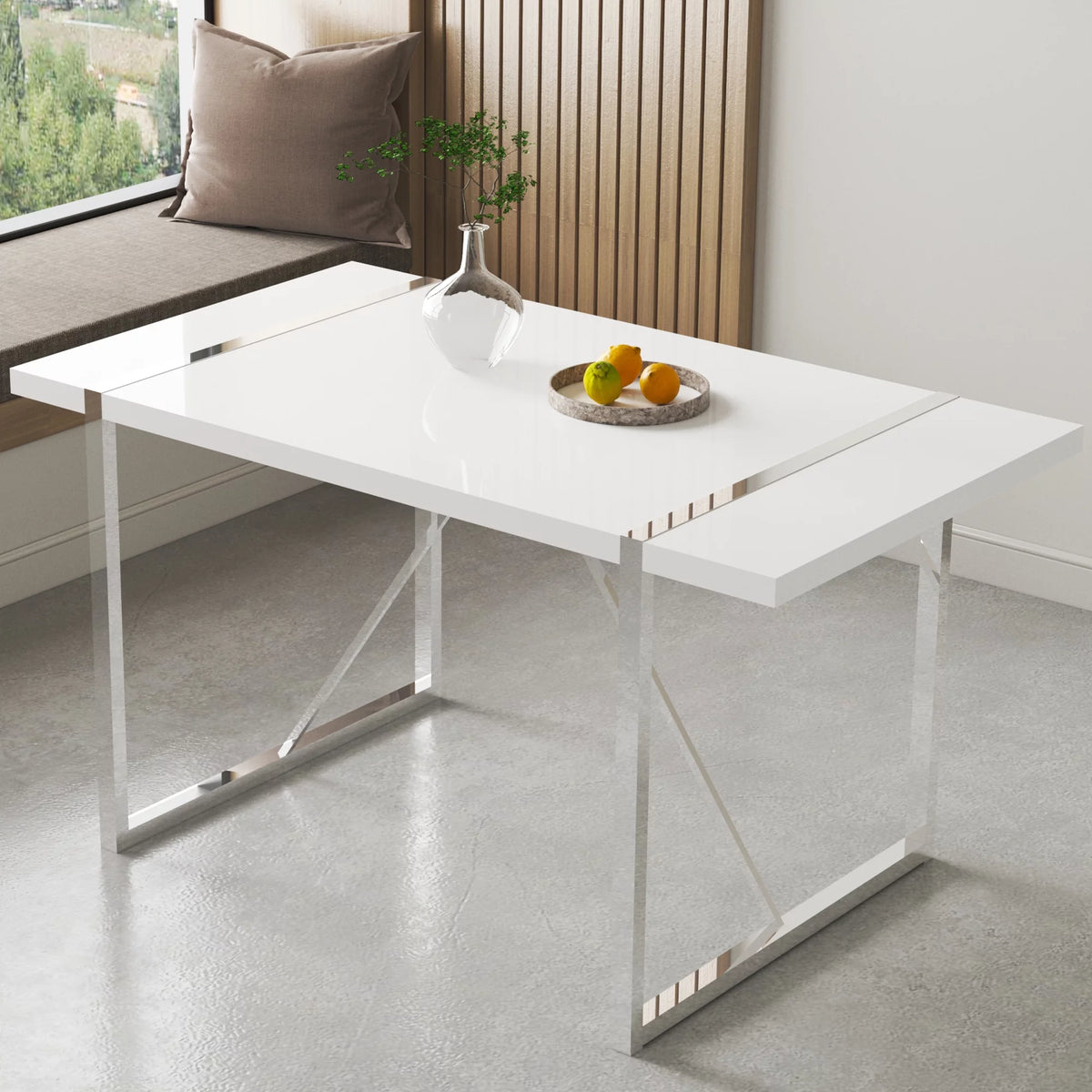 White Dining Table with Silver Metal Legs Q72778