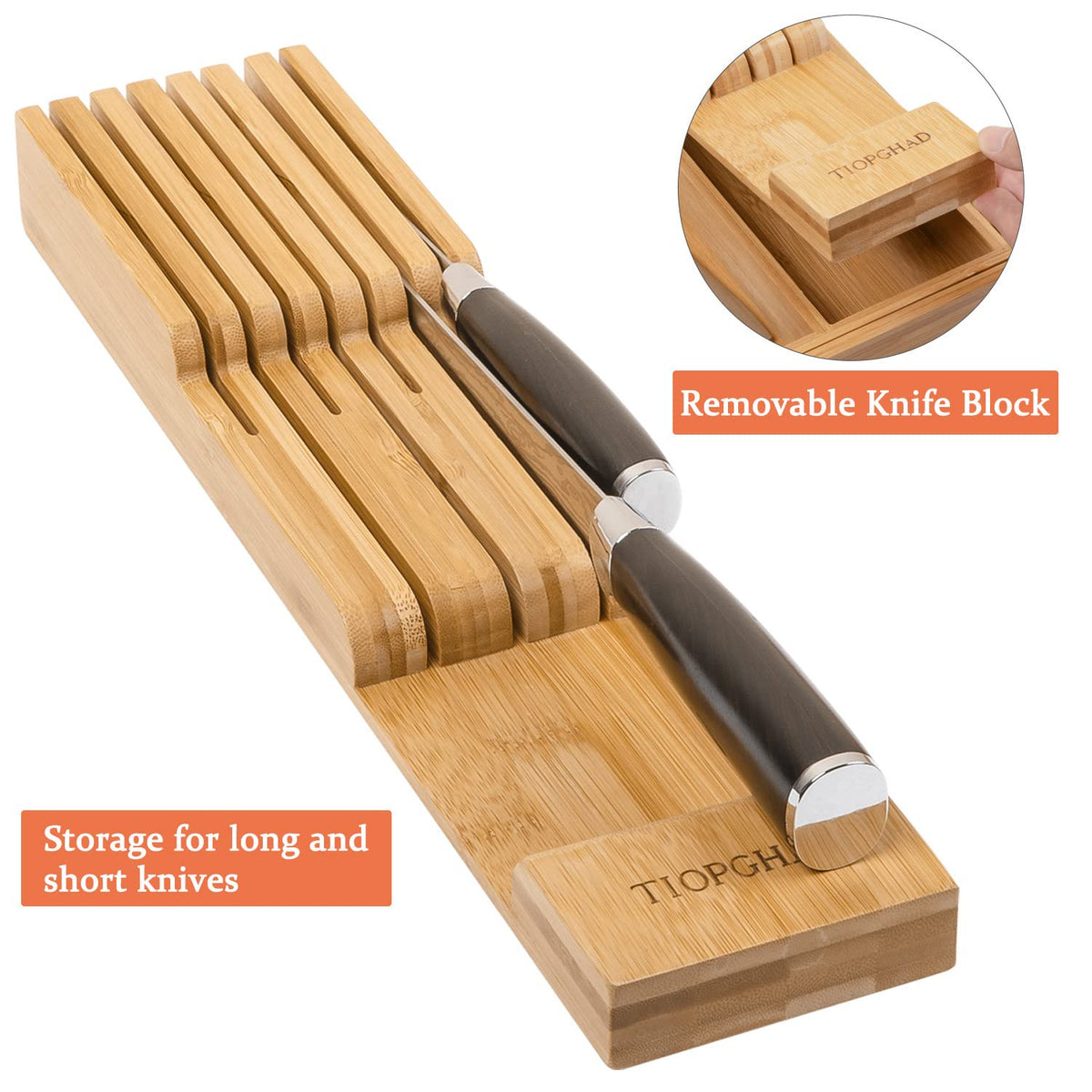 Bamboo Utensil Holder Expandable Drawer Organizer with Removable Knife Rack T5905