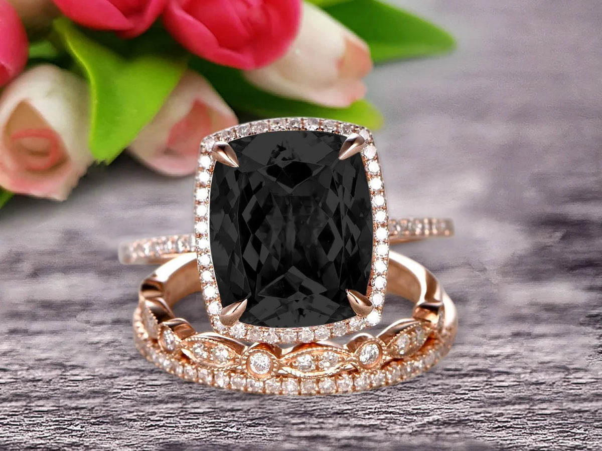 3 Carat Cushion Cut Black Diamond Moissanite Trio Set Ring On 10k Rose Gold K24820
