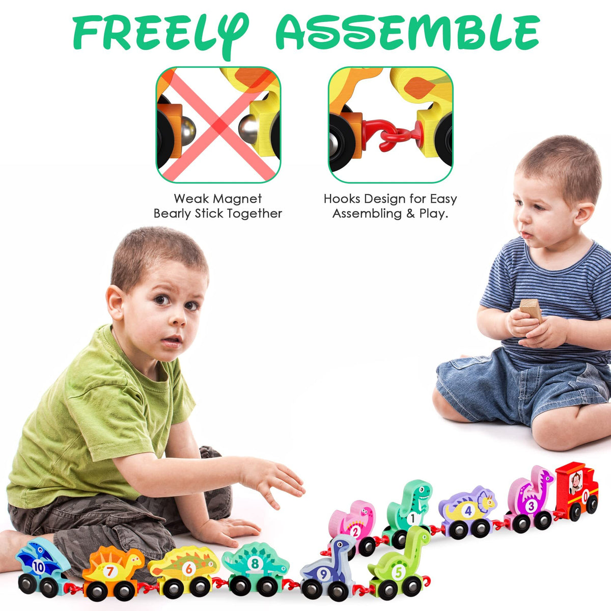 Wooden Dinosaur Train Car with Numbers, 11 Pieces Educational Montessori Toys Z420