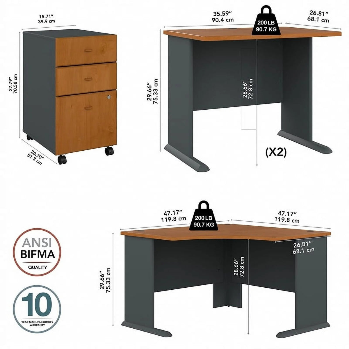 84" Engineered Wood L Desk and File Cabinet in Cherry N9356