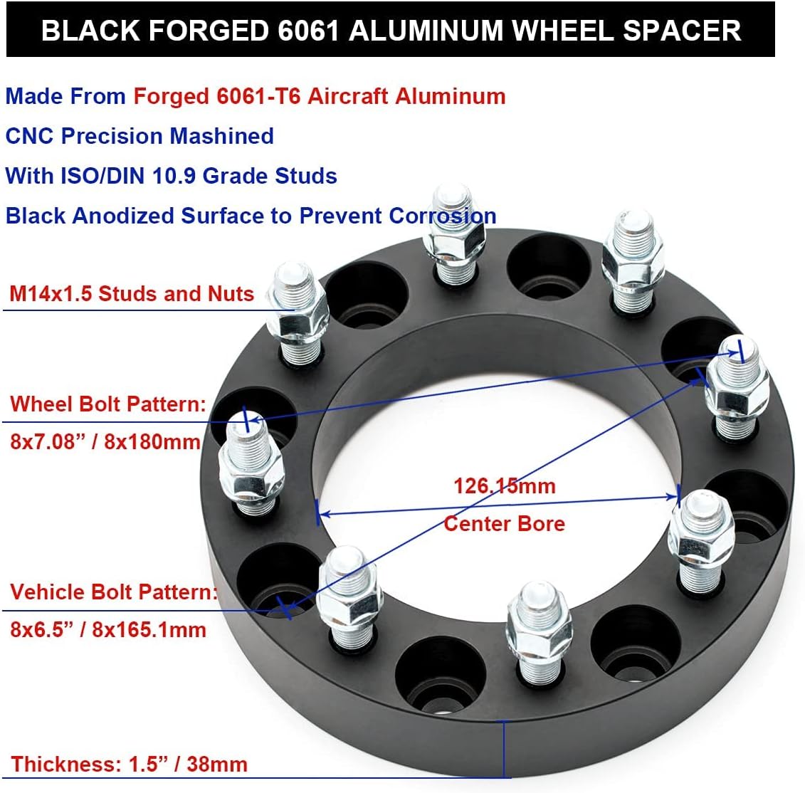 Black Forged 1.5 Inch Wheel Adapters with M14x1.5 Studs, Pack of 2 V113