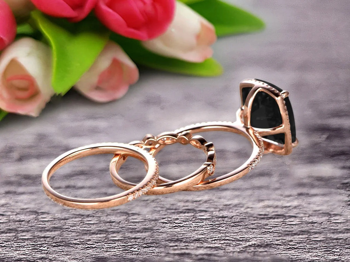 3 Carat Cushion Cut Black Diamond Moissanite Trio Set Ring On 10k Rose Gold K24820