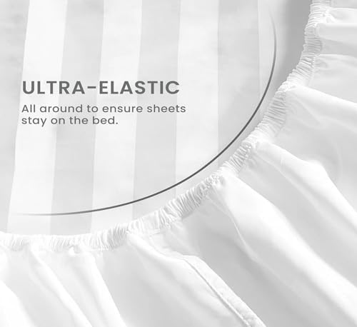 100% Egyptian Cotton King Size 4 Piece Bed Sheet Set White Stripe G402