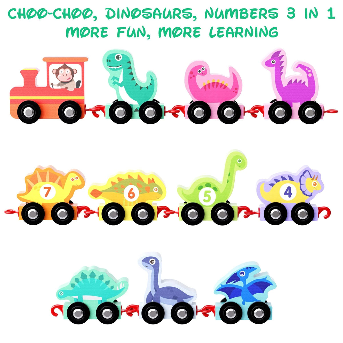 Wooden Dinosaur Train Car with Numbers, 11 Pieces Educational Montessori Toys Z420