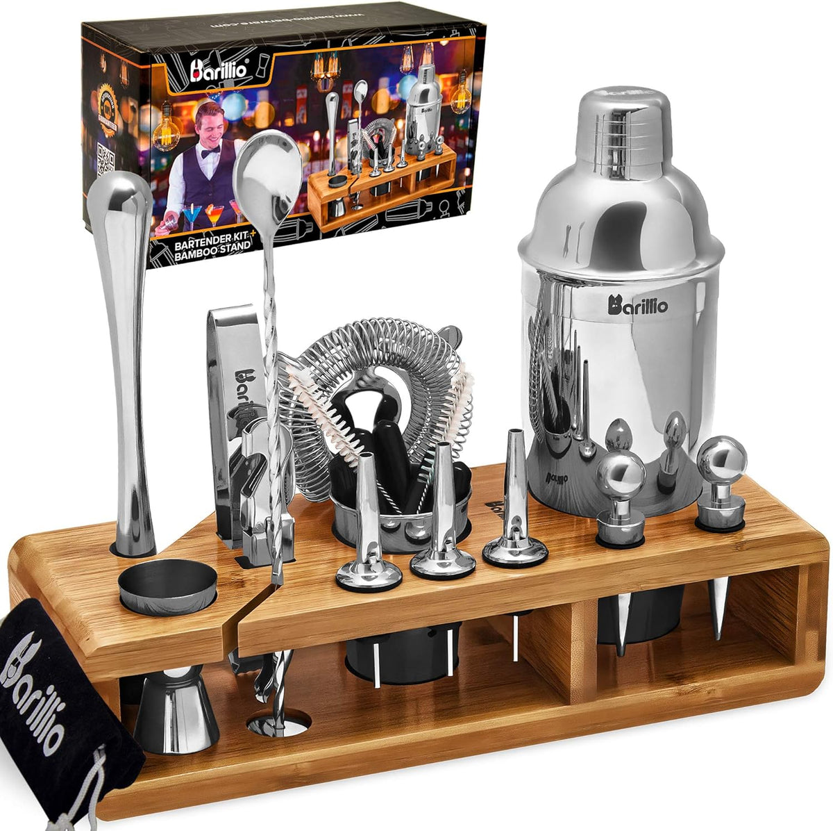 23-Piece Stainless Steel Bartender Kit with Bamboo Stand E35901