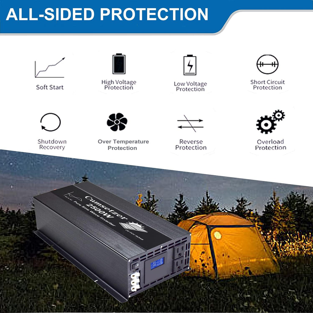 2500w 12v Pure Sine Wave Power Inverter DC to AC 110v 120v with Dual US Outlet, Hardwire Terminal, LCD Display C71544