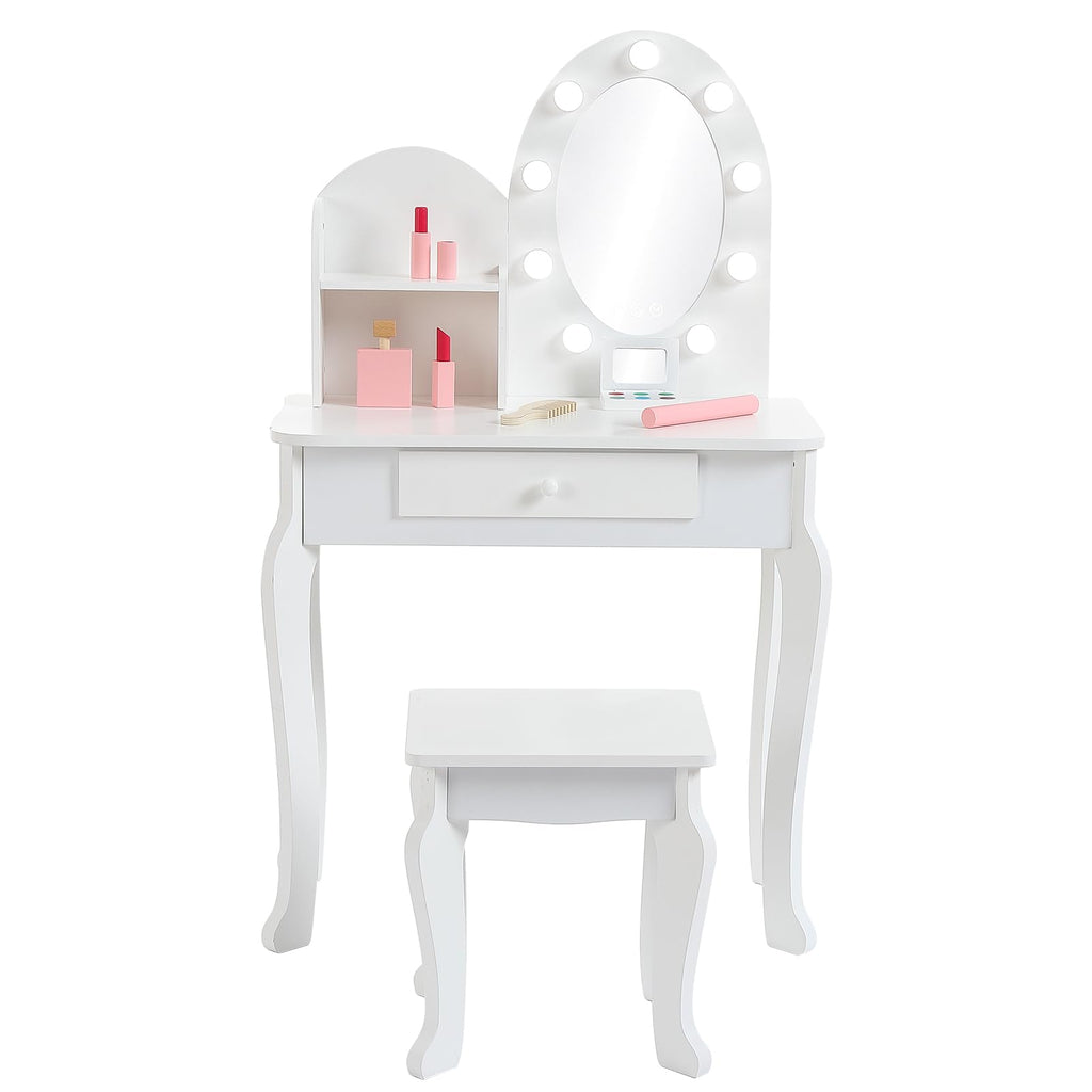 White Kids Vanity Table with LED Mirror & Stool U876