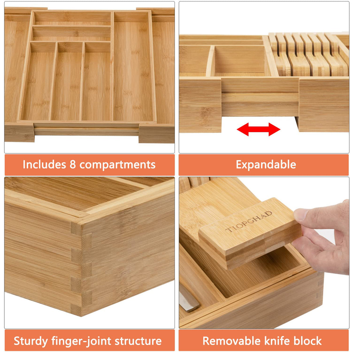 Bamboo Utensil Holder Expandable Drawer Organizer with Removable Knife Rack T5905