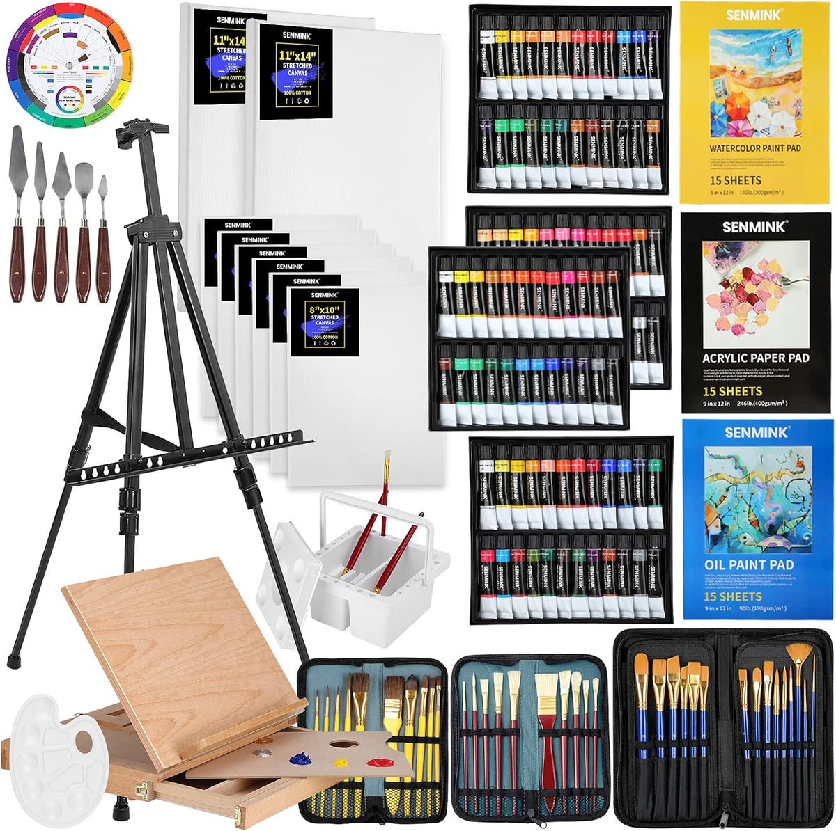 149Pcs Deluxe Artist Painting Set with Aluminum and Beech Wood Easel, 48 Colors Acrylic Paints, 24 Colors Oil Paints, 24 Colors Watercolor Paints K968