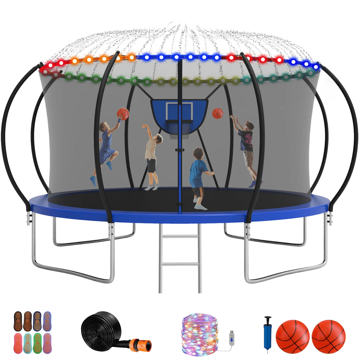 12FT 14FT Trampoline with Enclosure, Basketball Hoop, LED Light and Sprinkler L690