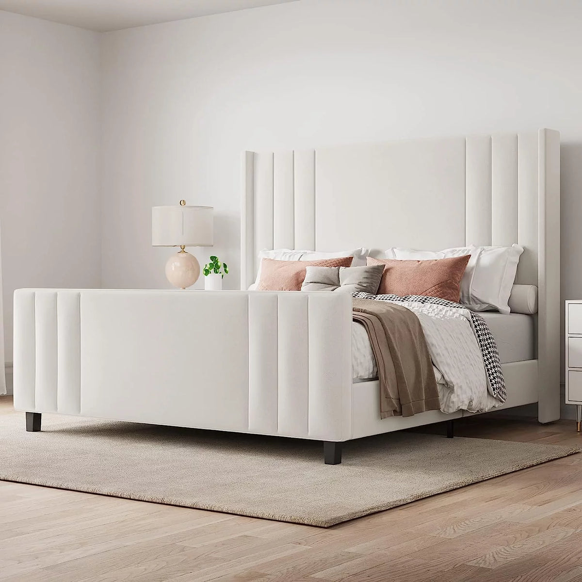 Queen Platform Bed Frame with Vertical Channel, Cream E34464