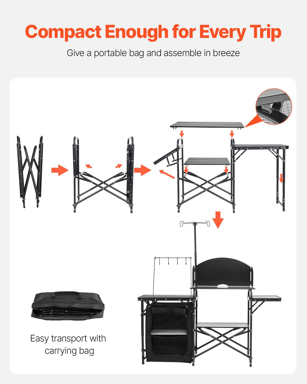 Black Aluminum Camping Kitchen Table with Storage Cupboard U8315