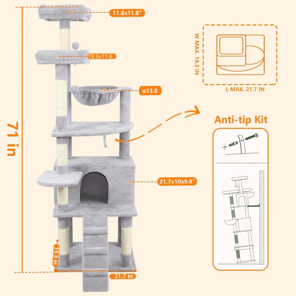 71-Inch Multi-Level Tall Cat Tree with Hammock and Cat Cave W102