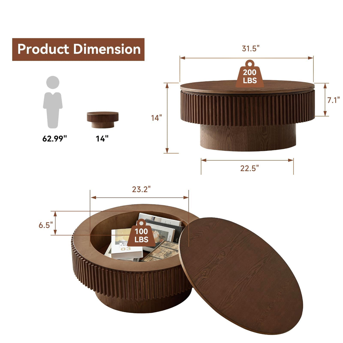 Walnut Round Fluted Coffee Table with Storage H96741