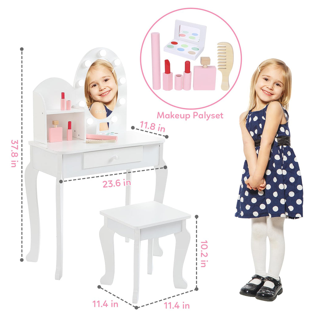 White Kids Vanity Table with LED Mirror & Stool U876