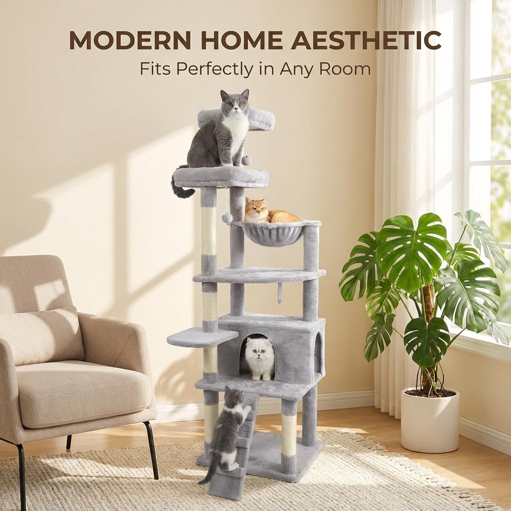 71-Inch Multi-Level Tall Cat Tree with Hammock and Cat Cave W102