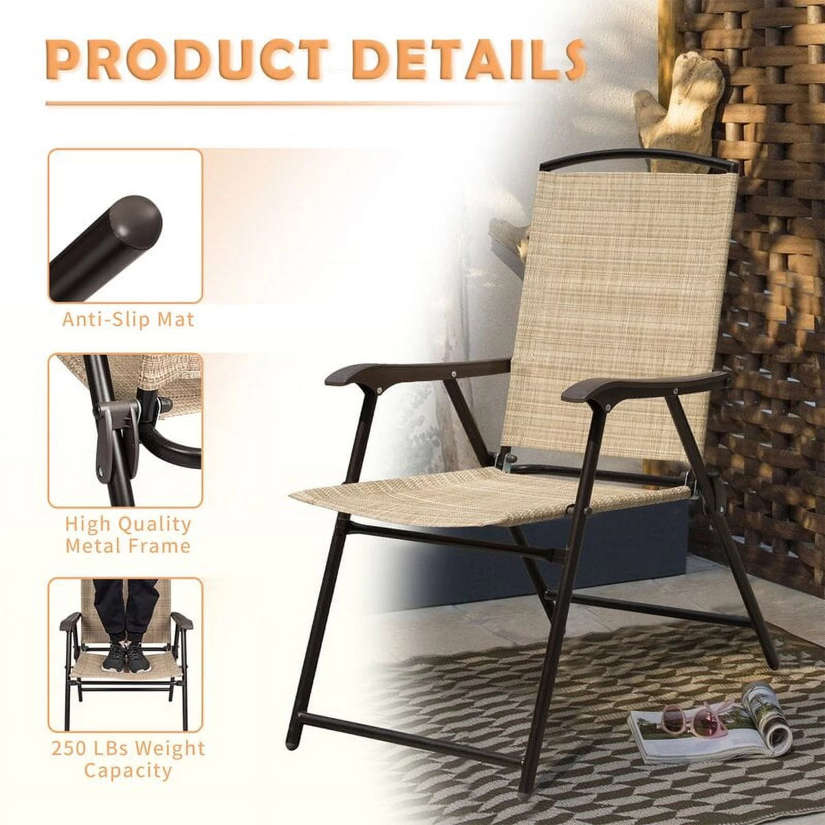 2 Pieces Beige Patio Folding Chairs J369