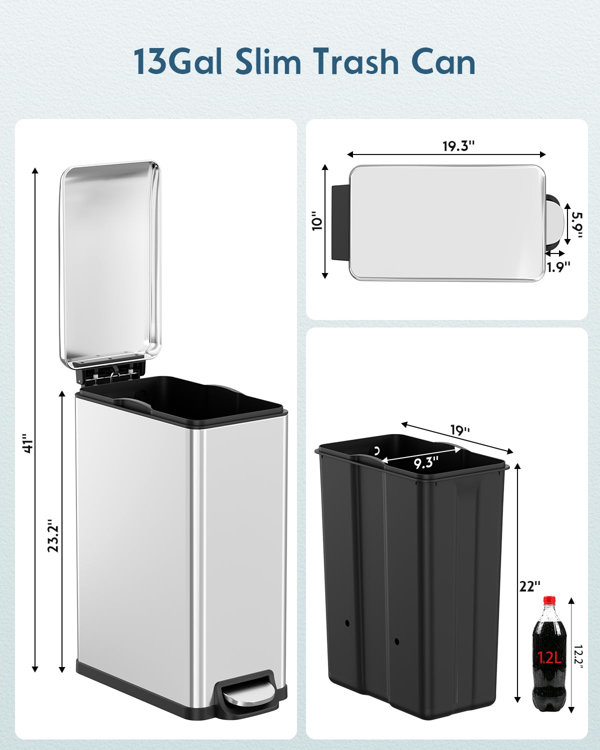 13.2 Gal Stainless Steel Slim Kitchen Trash Can J15753