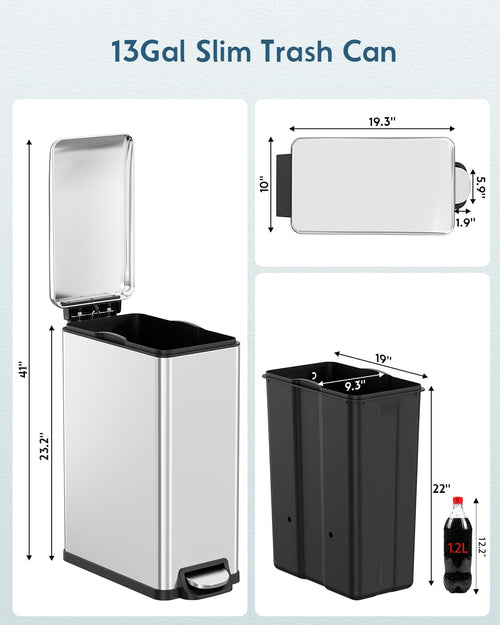 13.2 Gal Stainless Steel Slim Kitchen Trash Can J15753