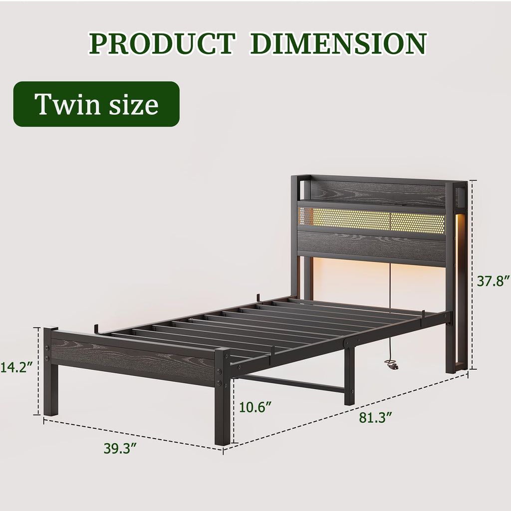 Black Metal Twin Size Bed Frame with Charging Station and LED Lights F79544