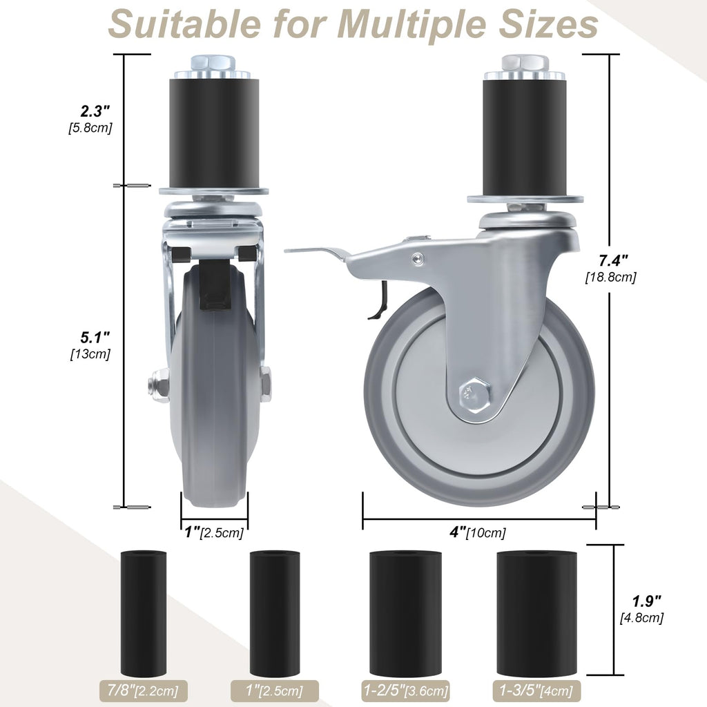 4 Inch Heavy Duty Expanding Stem Caster Wheels Set with Brake J43725