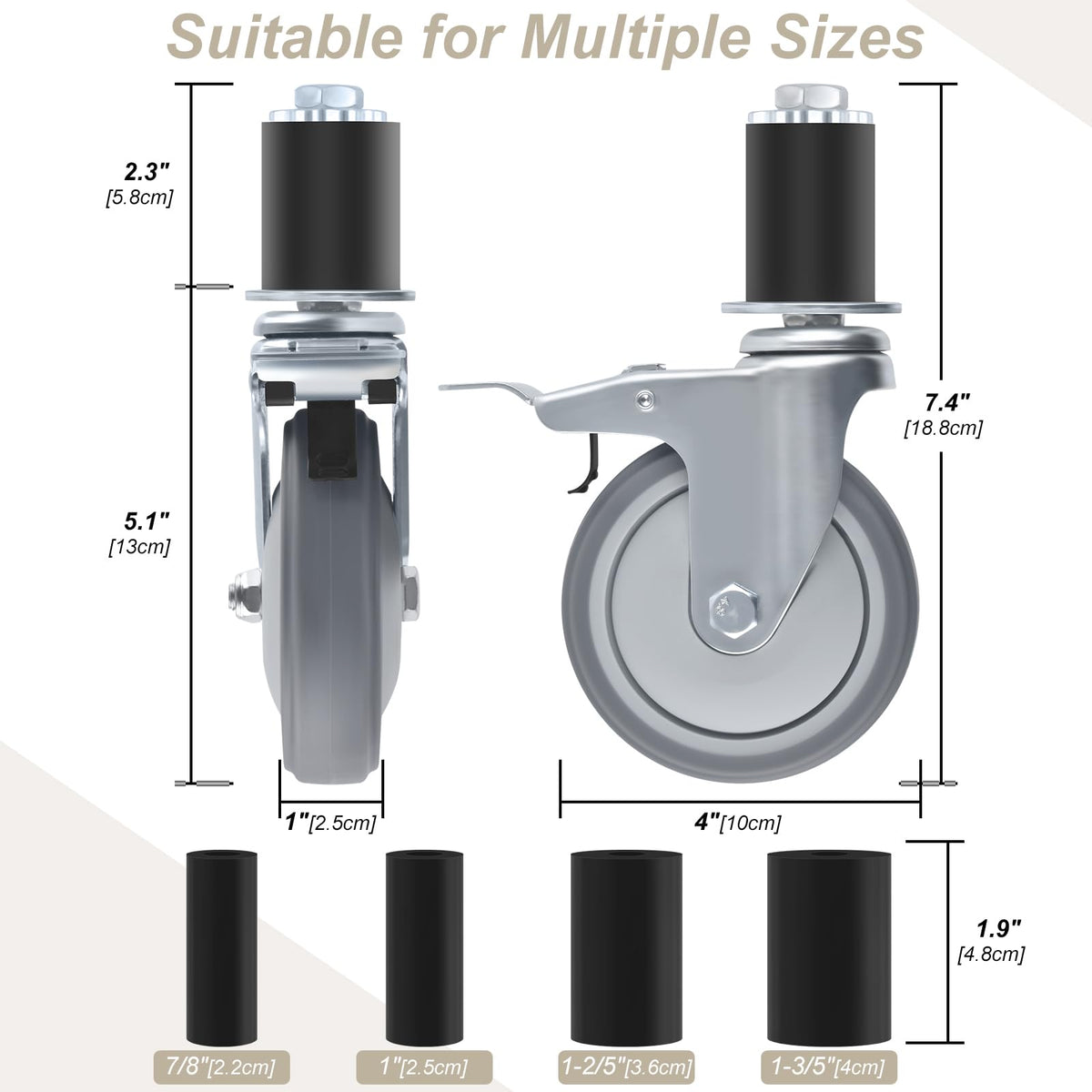 4 Inch Heavy Duty Expanding Stem Caster Wheels Set with Brake J43725