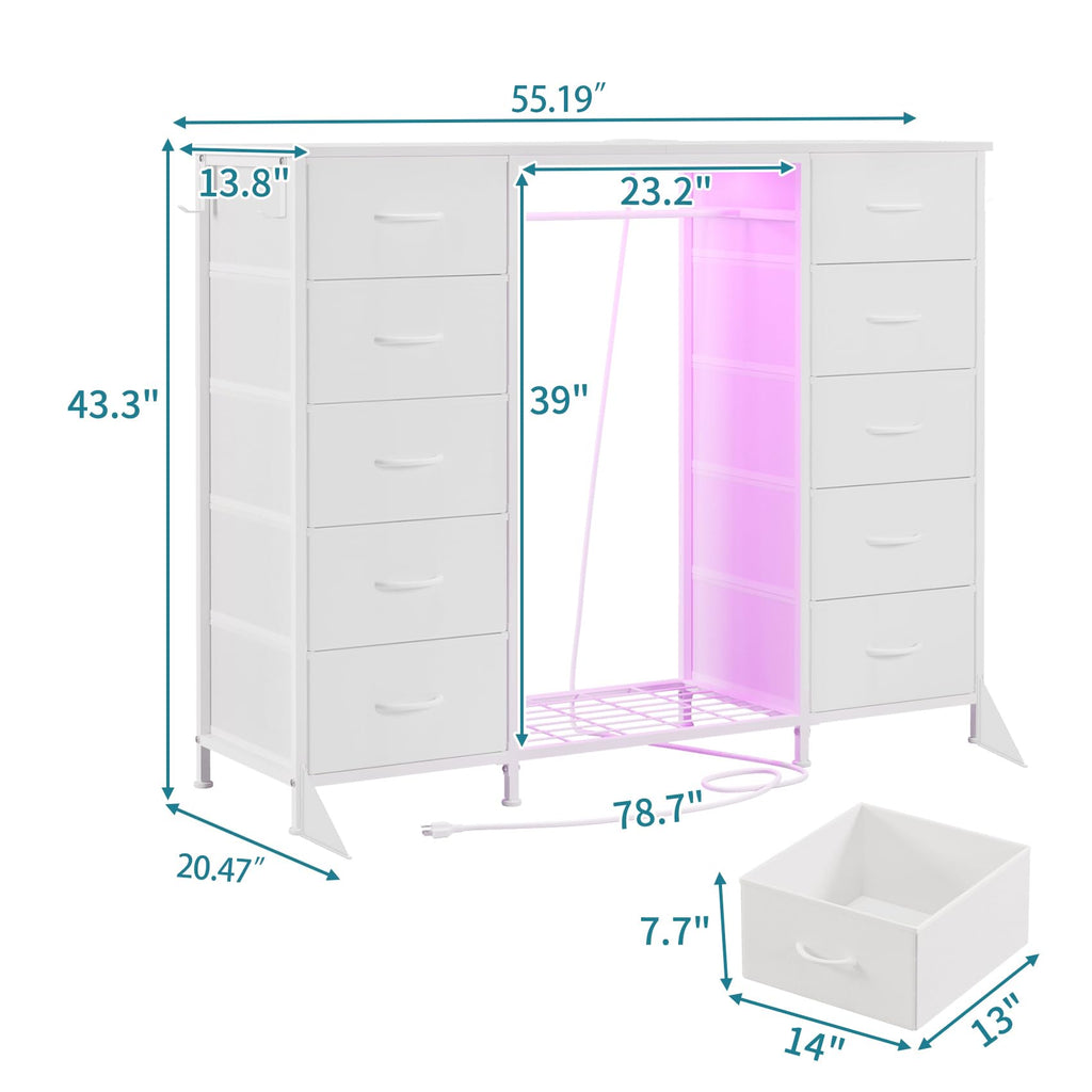 55"W Dresser with Hanging Rack, 10 Fabric Drawers & Hooks C21267