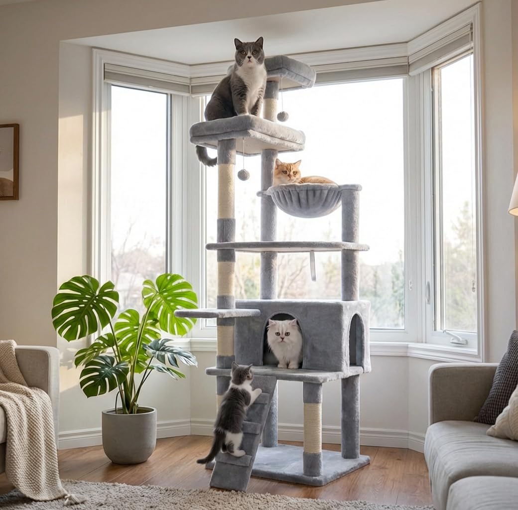 71-Inch Multi-Level Tall Cat Tree with Hammock and Cat Cave W102