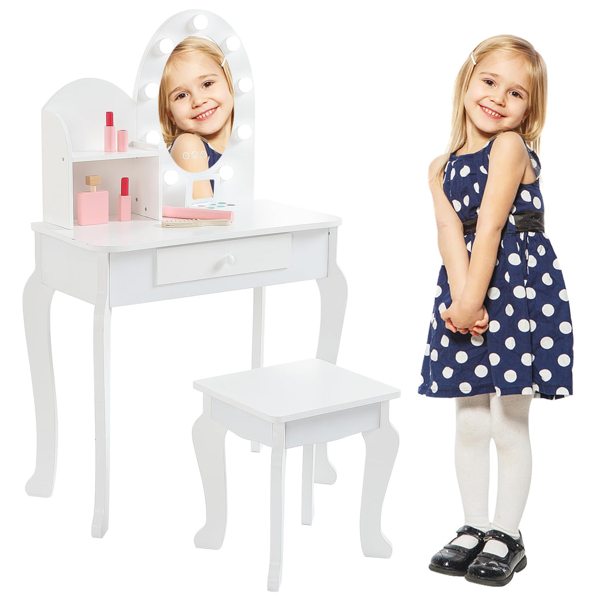 White Kids Vanity Table with LED Mirror & Stool U876