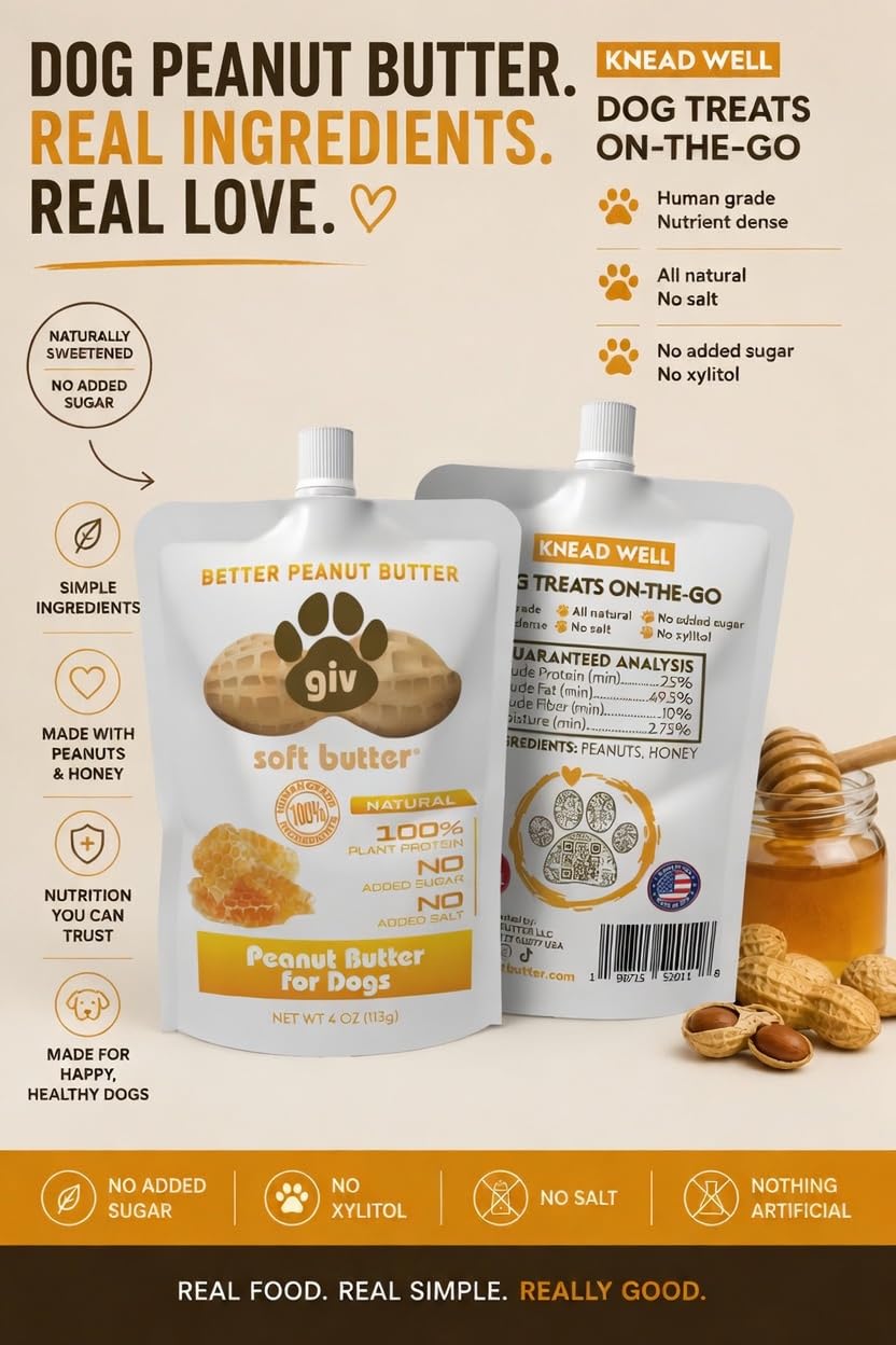 All Natural Peanut Butter for Dogs, 2 Ingredients, 4oz Pouches (6 Count) X2690