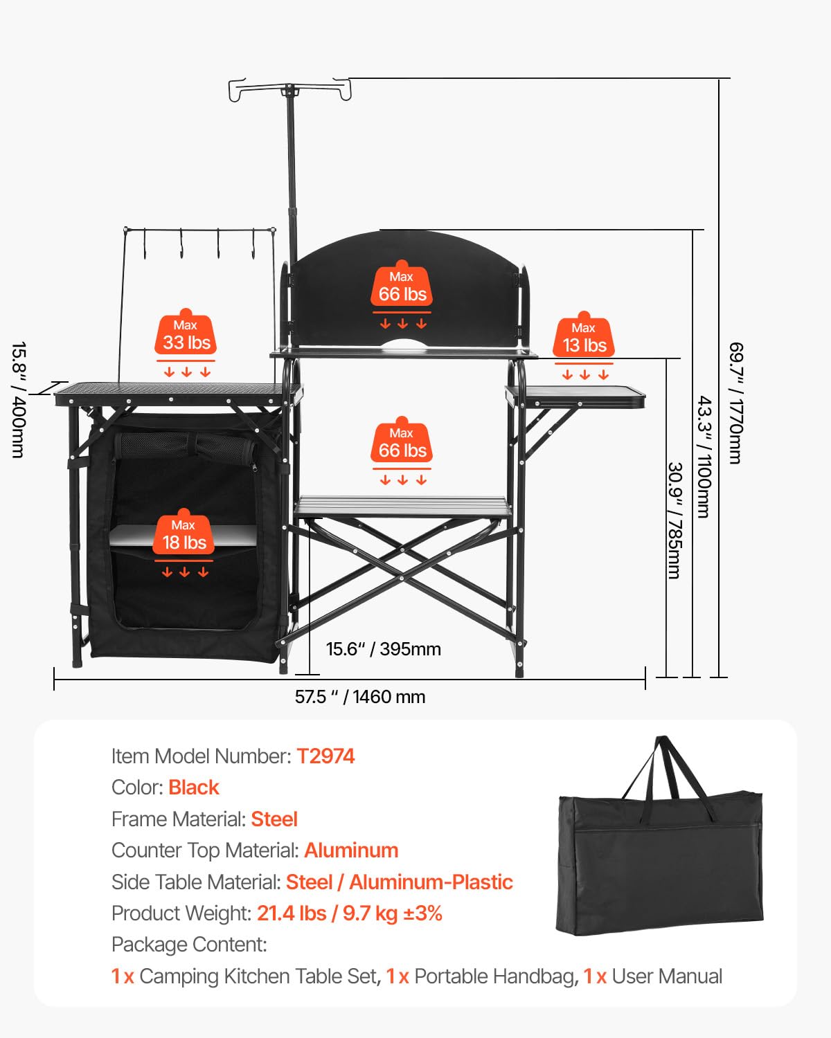 Black Aluminum Camping Kitchen Table with Storage Cupboard U8315