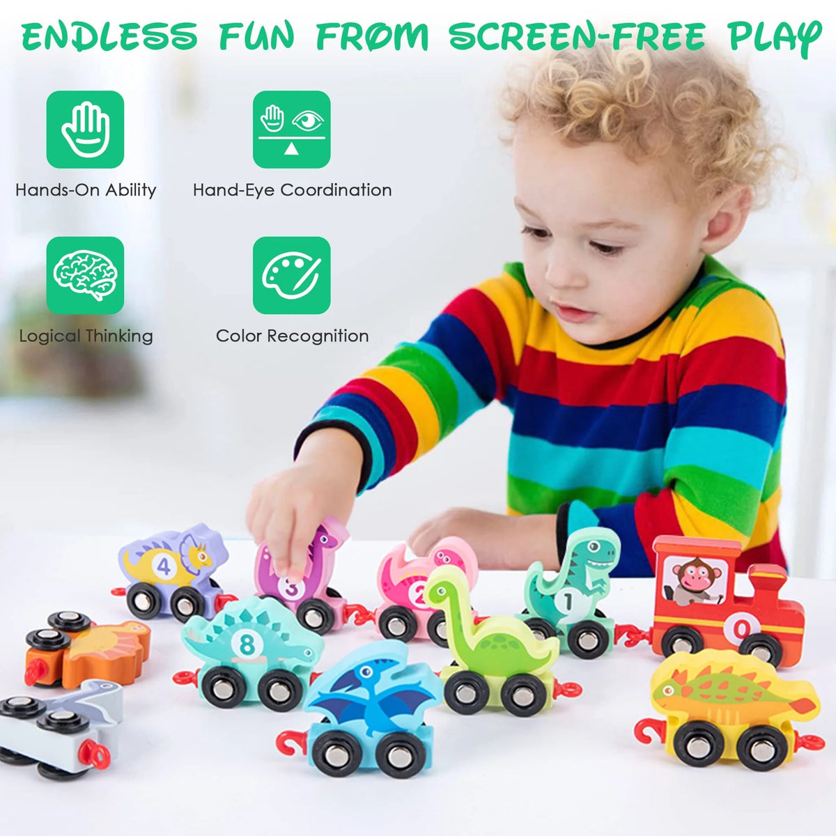 Wooden Dinosaur Train Car with Numbers, 11 Pieces Educational Montessori Toys Z420