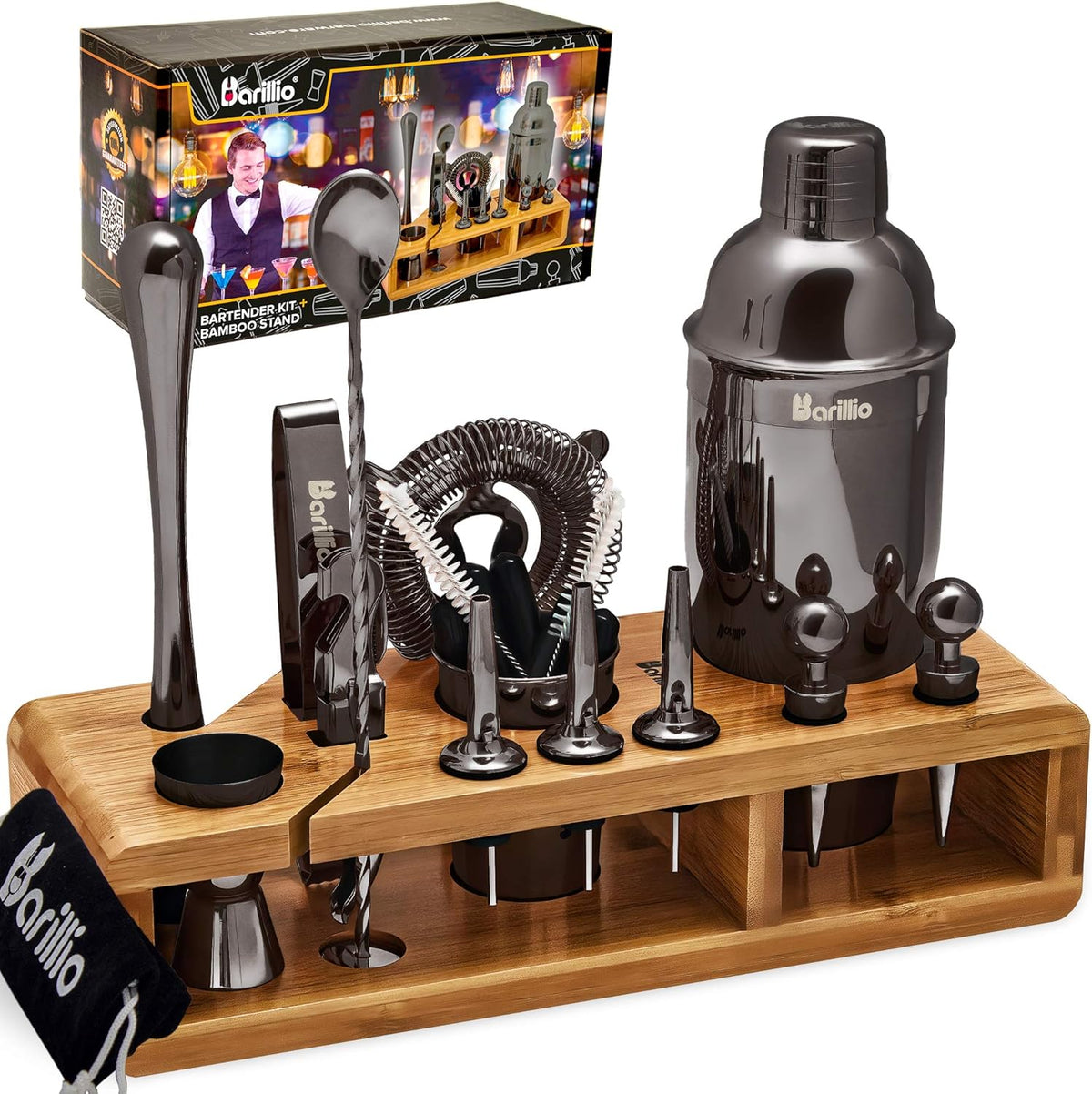 23-Piece Stainless Steel Bartender Kit with Bamboo Stand E35901
